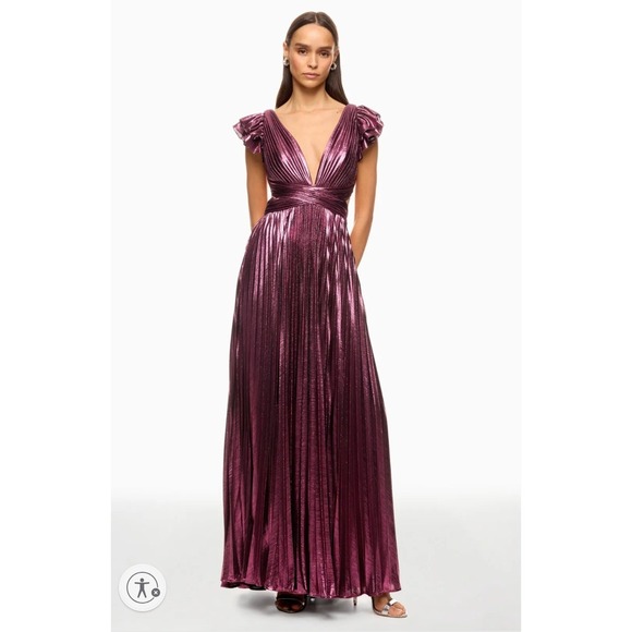 Ieena Mac Duggal Ruffle Sleeve Metallic Gown Purple Pleated Lace-Up Back Dress 4 - Picture 1 of 13